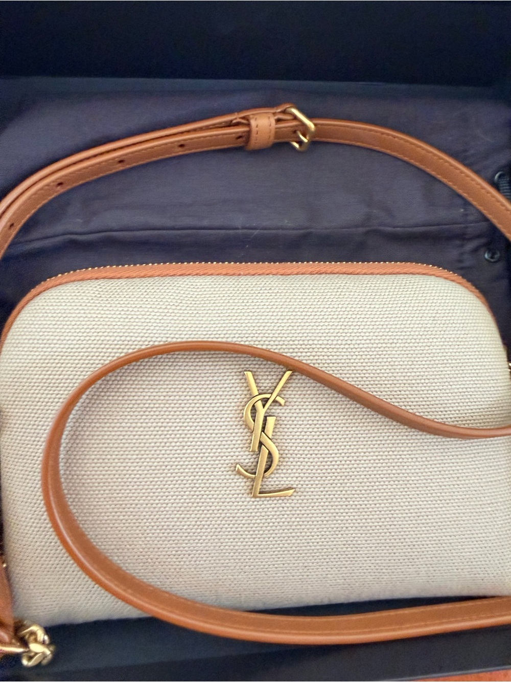 Saint Laurent Beige Canvas Crossbody with Gold Chain and Tan Trim - Picture 9 of 10